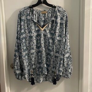 Skemo XS Shades of Blue Rayon beach cover up Tie Tassel shell V-Neck trim tunic